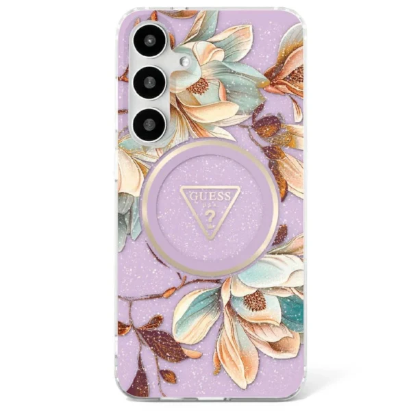 Guess Glitter Flowers Triangle Buttons MagSafe Case for Samsung Galaxy S25 Purple