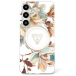 Guess Glitter Flowers Triangle Buttons MagSafe Case for Samsung Galaxy S25 Ultra white