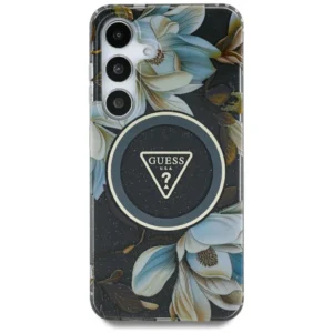 Guess Glitter Flowers Triangle Buttons MagSafe Case for Samsung Galaxy S25 Ultra Black