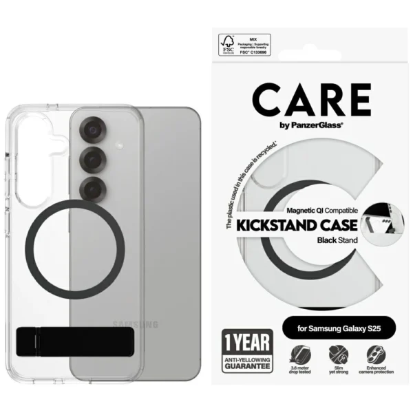 CARE by PanzerGlass Feature Black Kickstand & QI Case for Samsung Galaxy S25 - Transparent