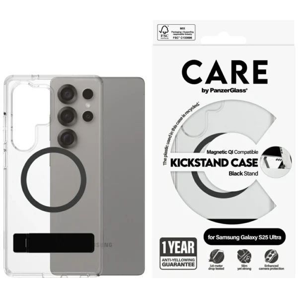 CARE by PanzerGlass Feature Black Kickstand & QI Case for Samsung Galaxy S25 Ultra - Transparent