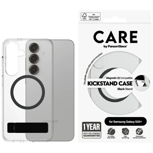 CARE by PanzerGlass Feature Black Kickstand & QI Case for Samsung Galaxy S25+ - Transparent