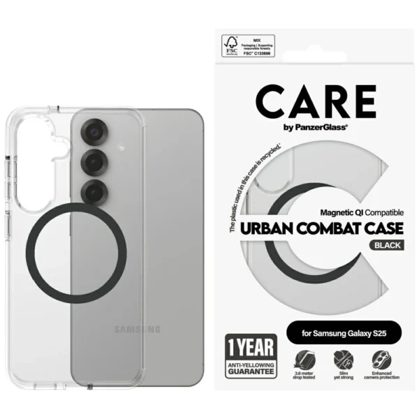 CARE by PanzerGlass Flagship Urban Combat Black QI Case for Samsung Galaxy S25 - Transparent