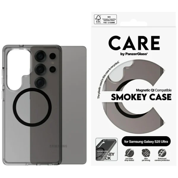 CARE by PanzerGlass Flagship Urban Combat Black QI Case for Samsung Galaxy S25 Ultra - Semi-transparent Smoke