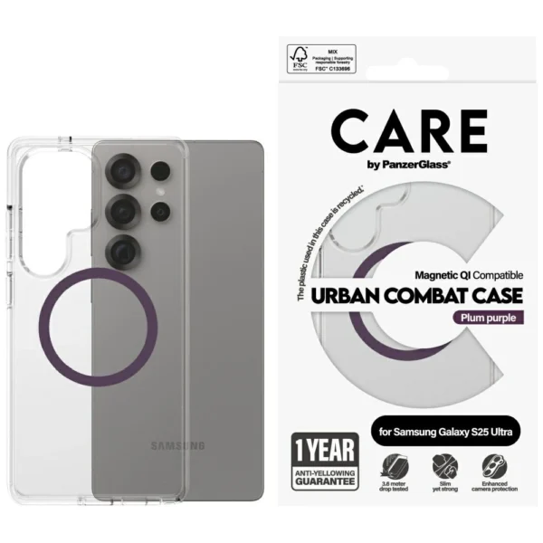 CARE by PanzerGlass Flagship Urban Combat Purple QI Case for Samsung Galaxy S25 Ultra - Transparent