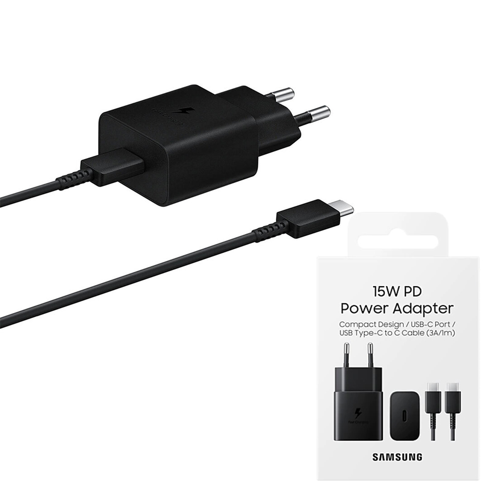 Samsung - Original Wall Charger (EP-T1510XBEGEU) - Type-C Fast Charging 15W with Cable Type-C - Black (Blister Packing)