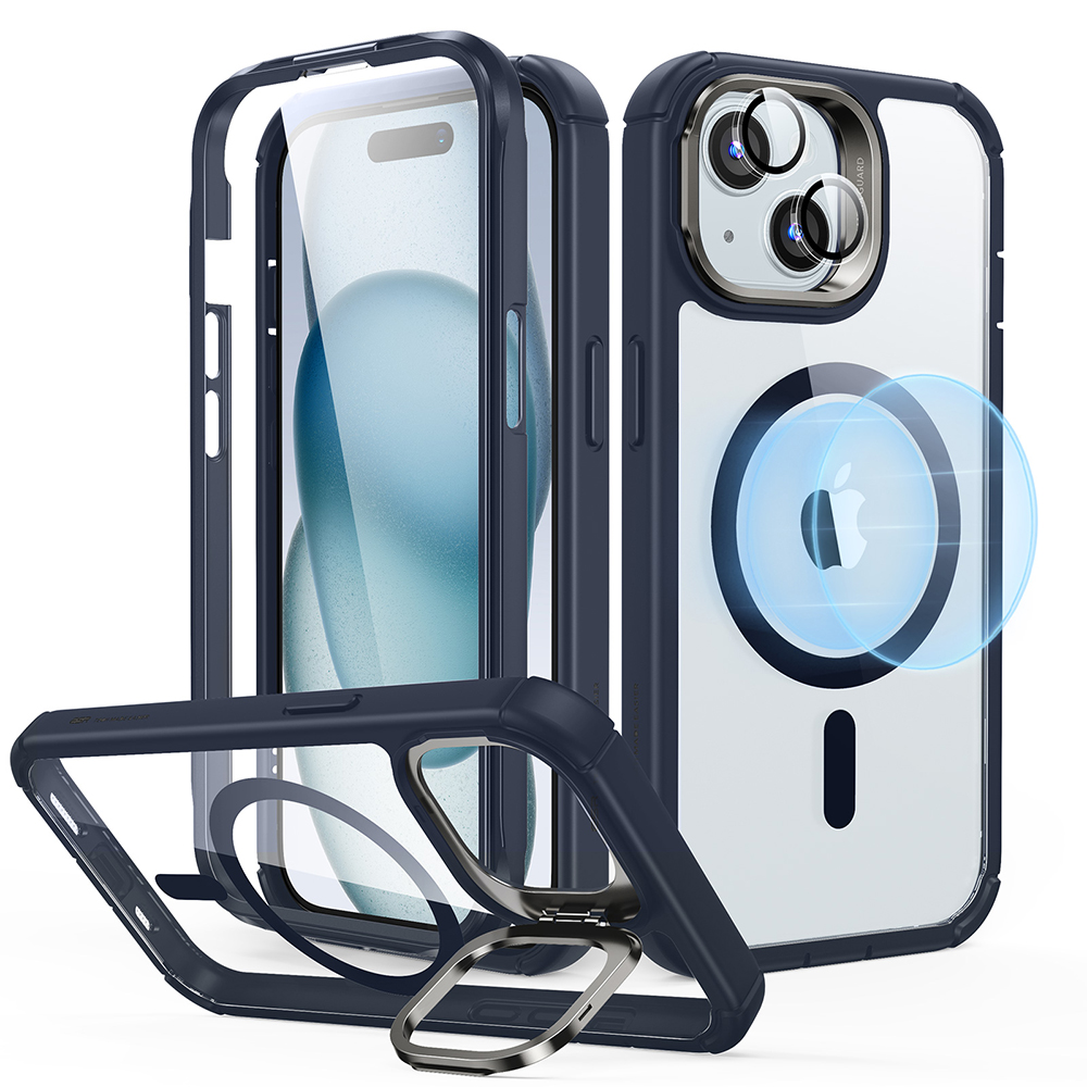 ESR - Armor Tough Kickstand HaloLock + Screen Protector - iPhone 15 - Clear Dark Blue