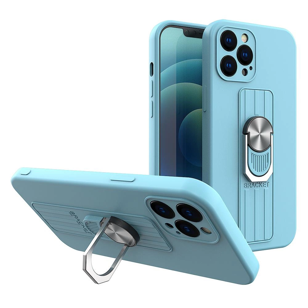 Ring Case silicone case with finger grip and stand for iPhone 13 Pro light blue