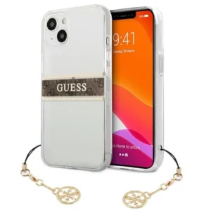 Guess GUHCP13SKB4GBR iPhone 13 mini 5.4" Transparent hardcase 4G Brown Strap Charm