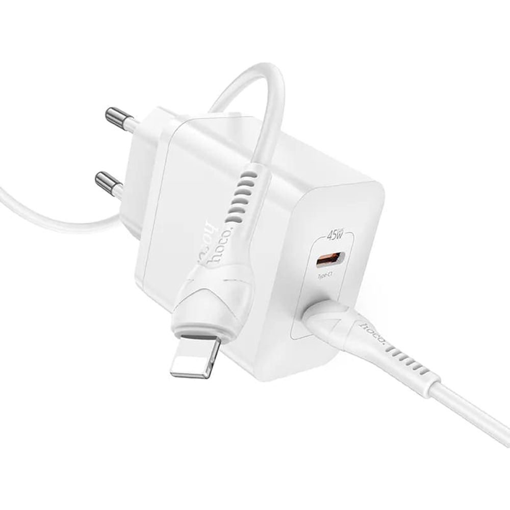 Hoco - Wall Charger Streamer (N35) - Dual Port 2x Type-C PD45W with Cable Type-C to Lightning - White